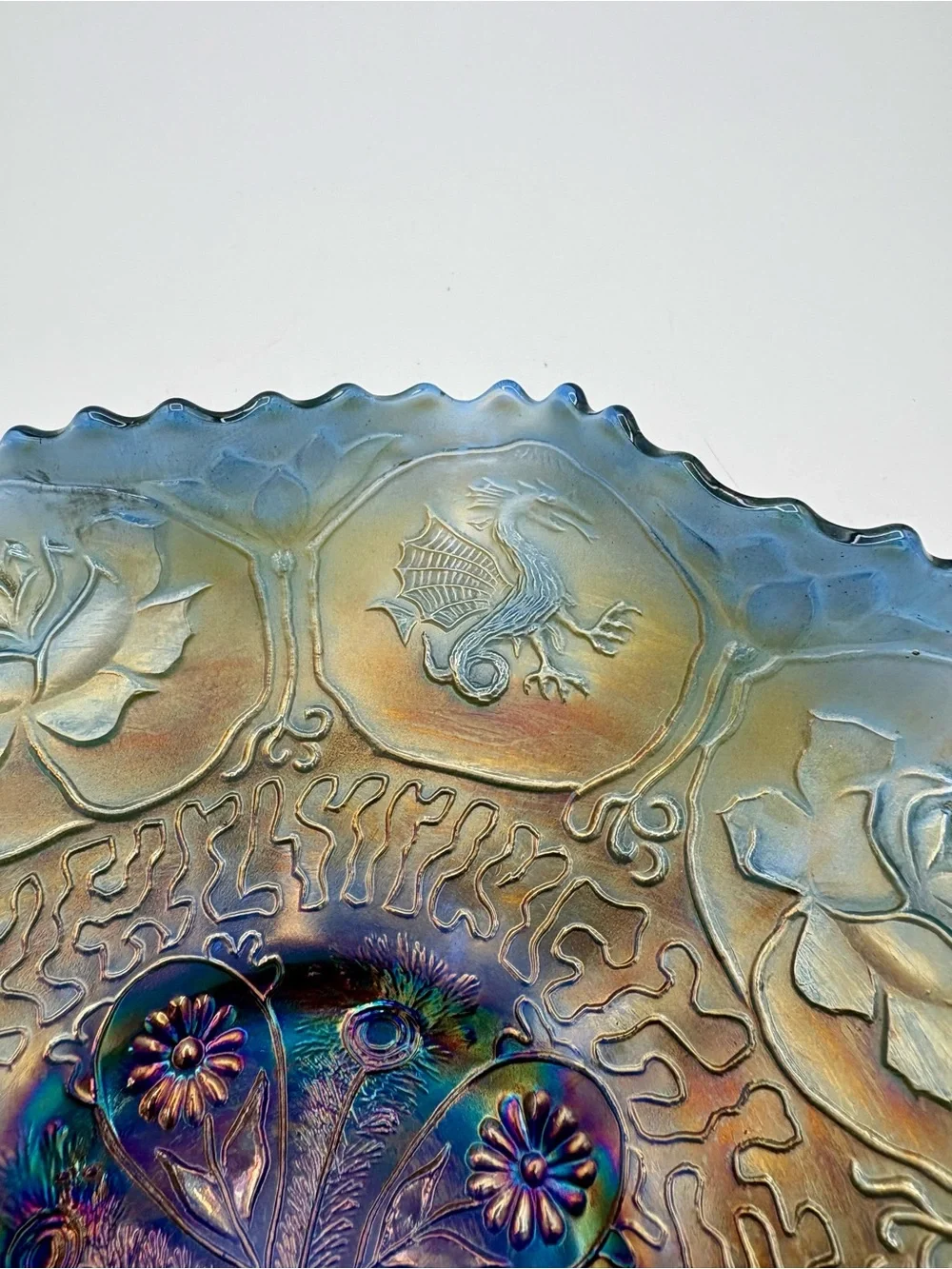 🐉 ANTIQUE FENTON Cobalt Carnival Glass Dragon & Lotus Bowl Iridescent Vintage